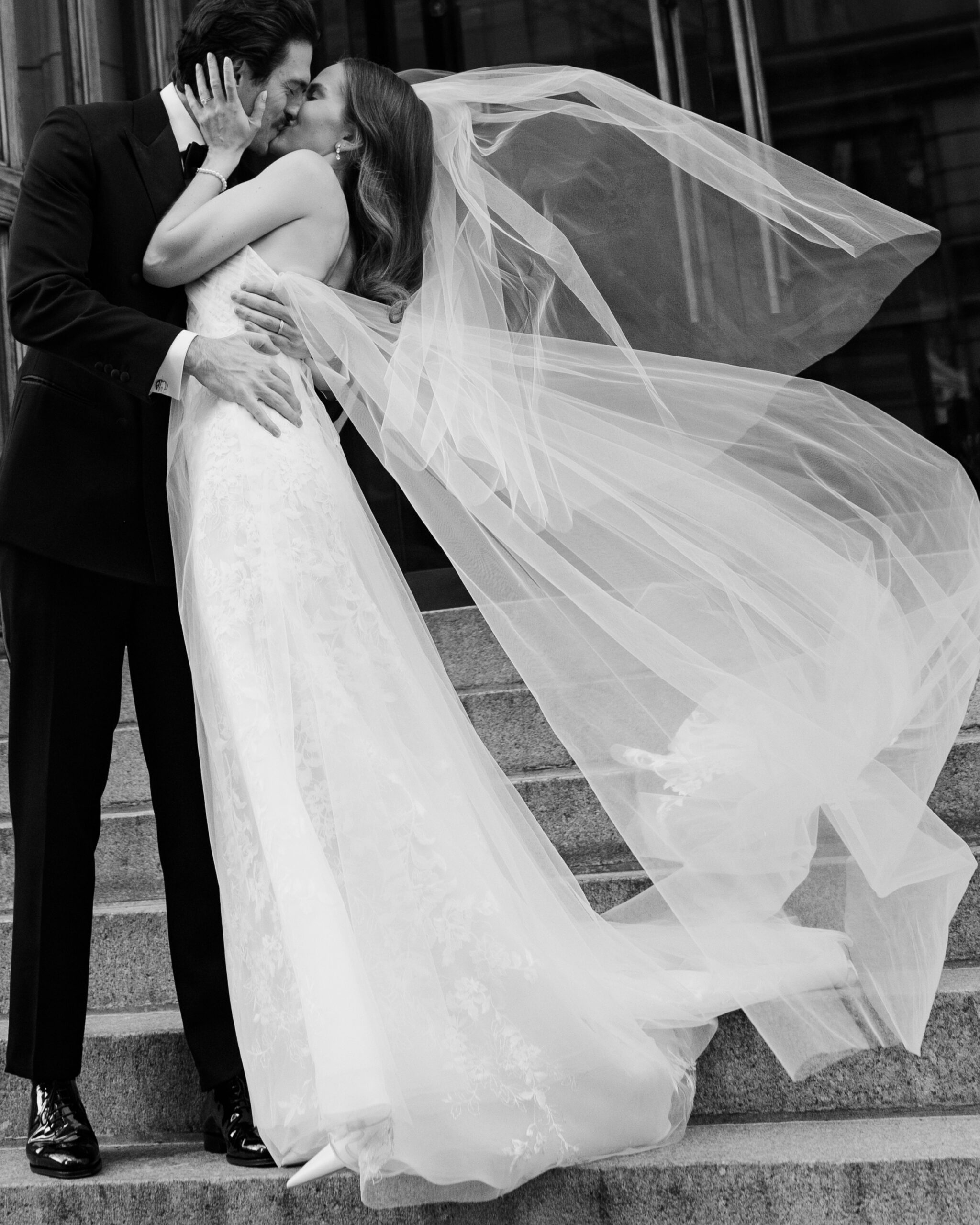bride and groom leave the church in editorial and artful fashion