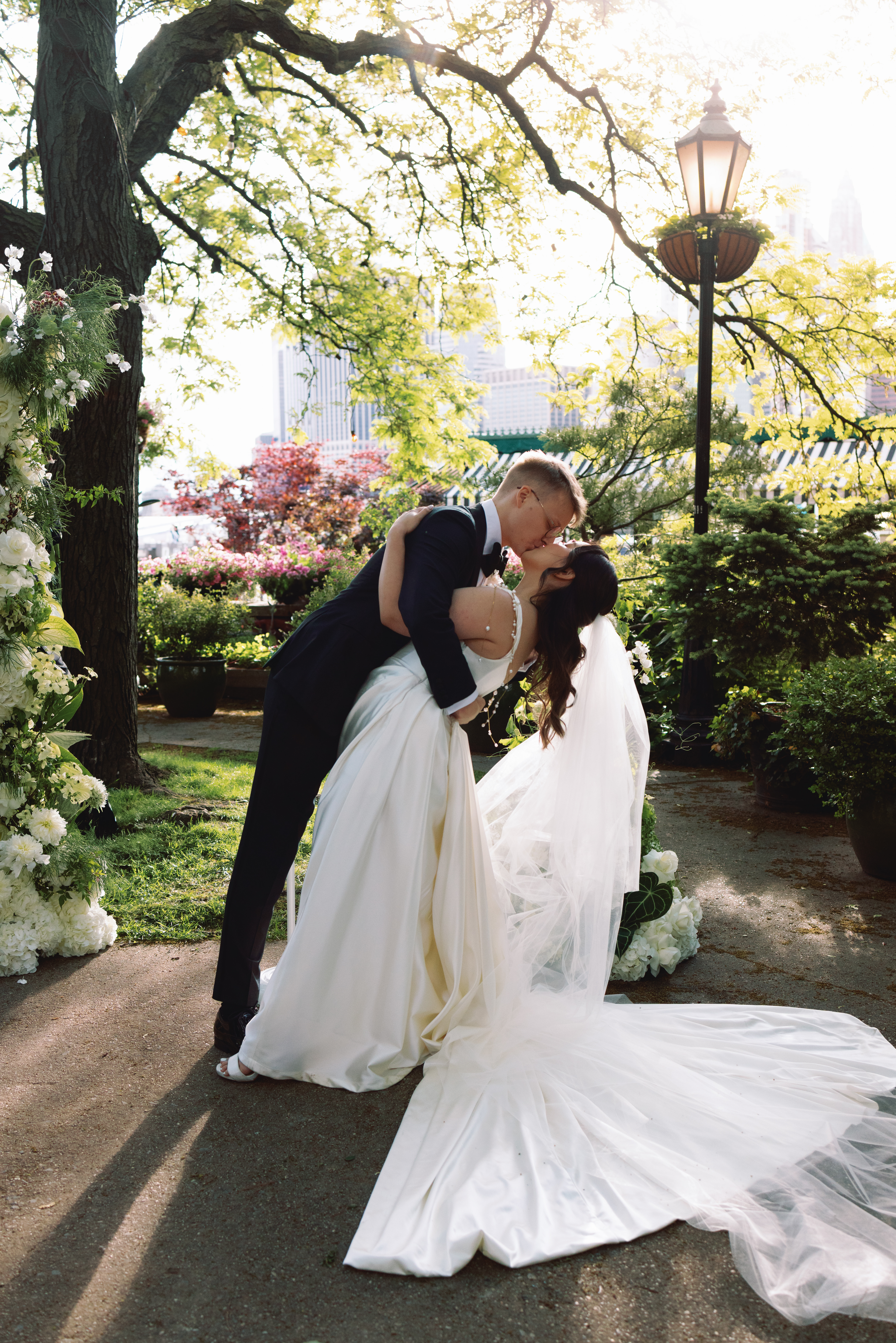 Ceremony setup at The River Café overlooking the water and skyline