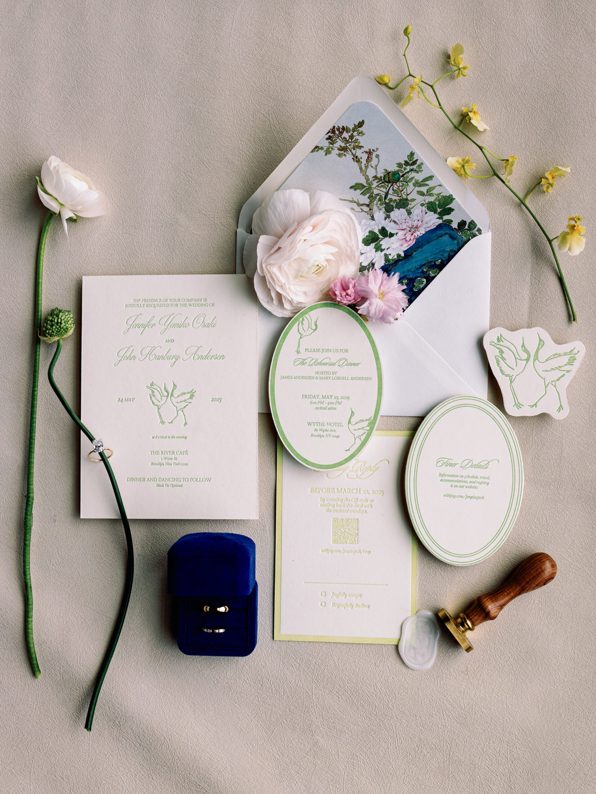 Wedding details flat lay and Close-up of antique jewelry honoring bride’s grandfather’s legacy