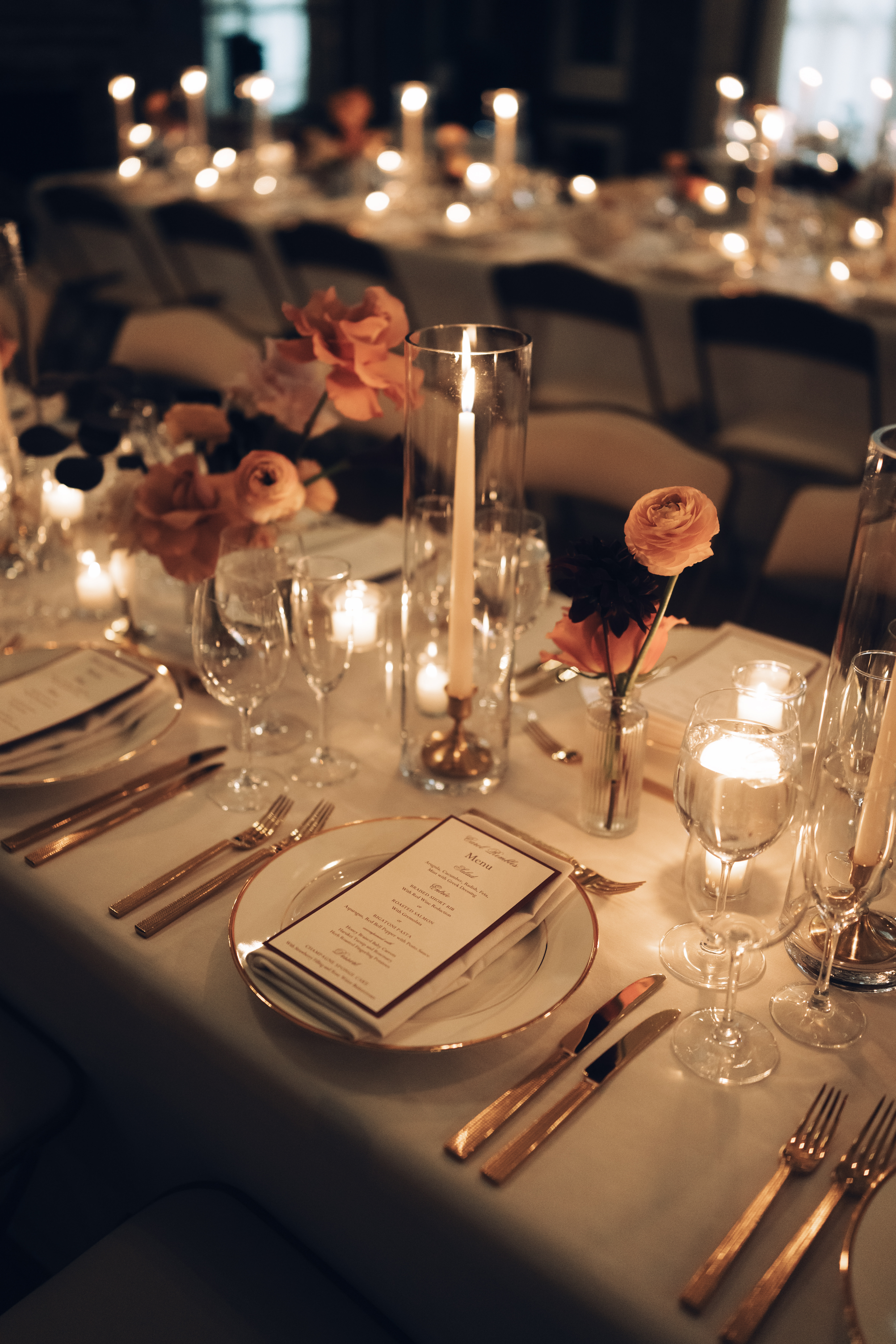 Candlelit dinner reception inside historic New York City mansion