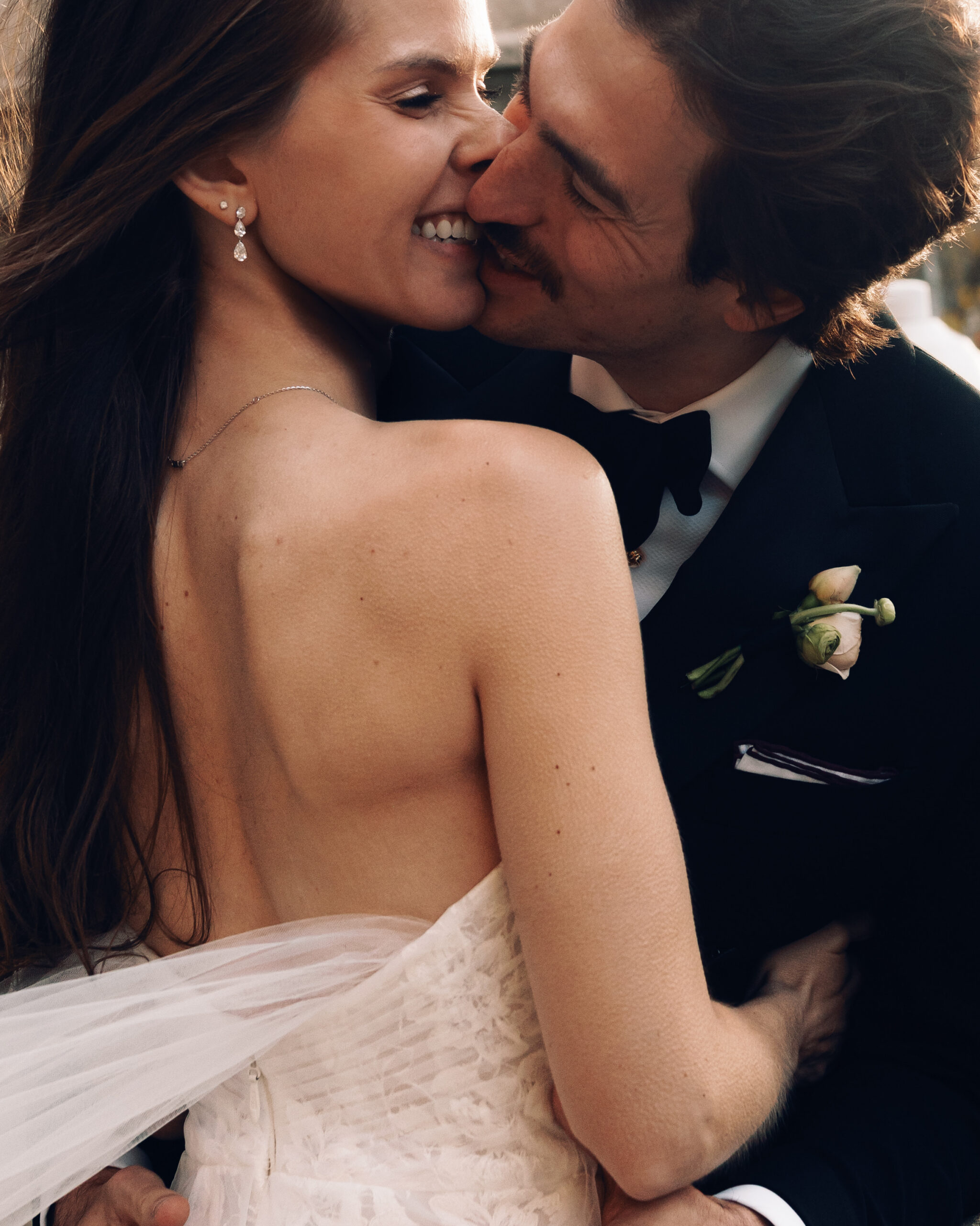 Close-up of Anne Barge wedding gown with structured, timeless details