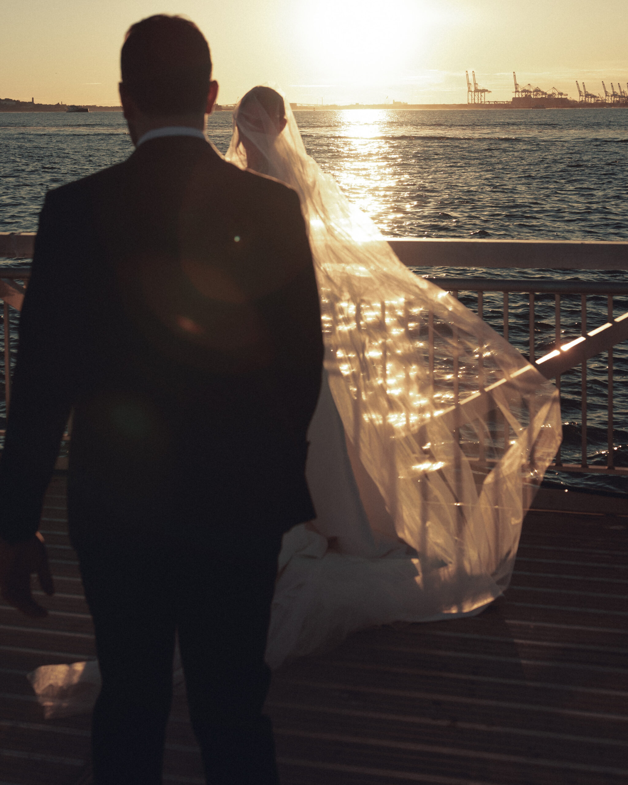 golden hour bride and groom photos on the Waterfront in Brooklyn
