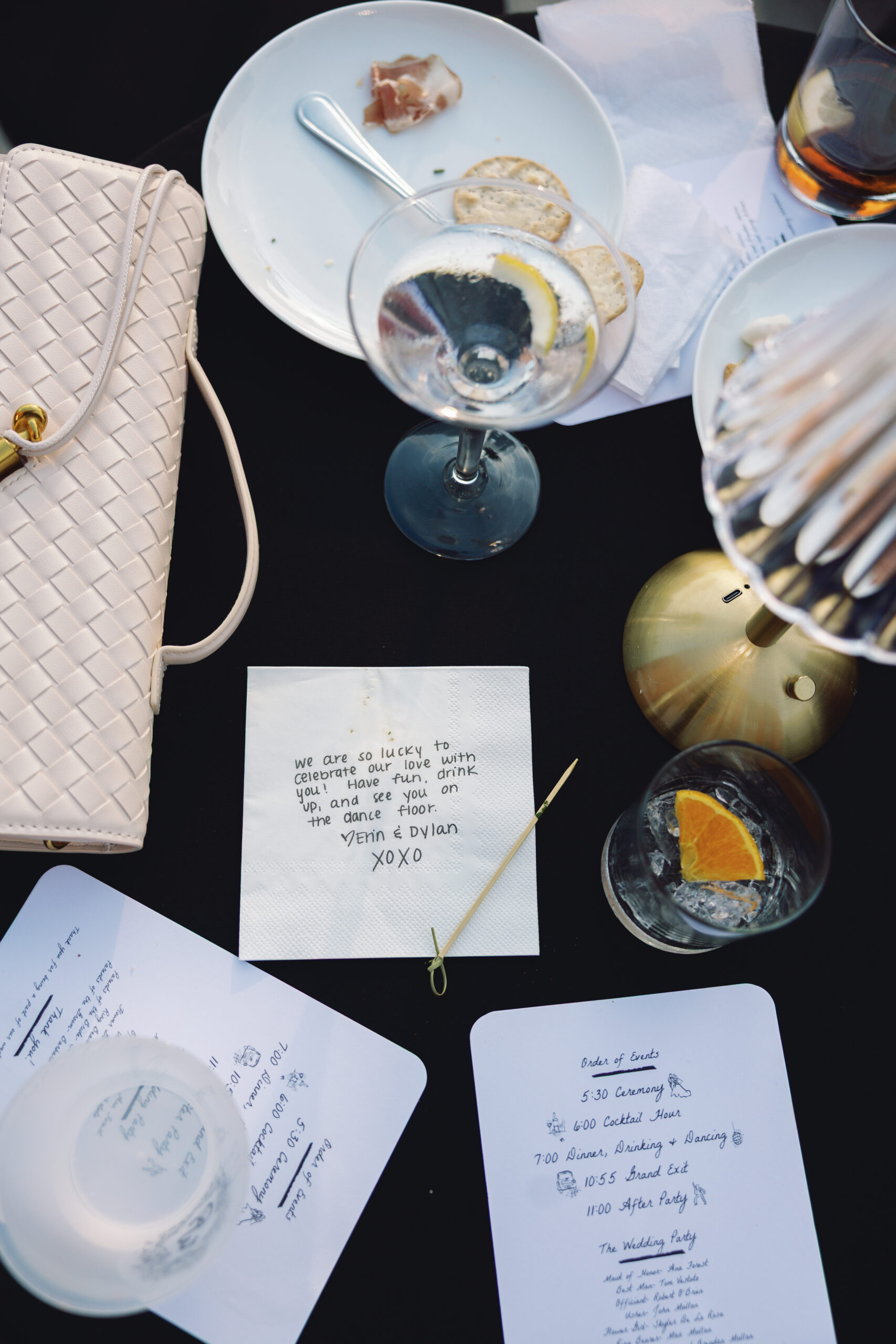 Customized matchbooks and wedding napkins displayed at reception