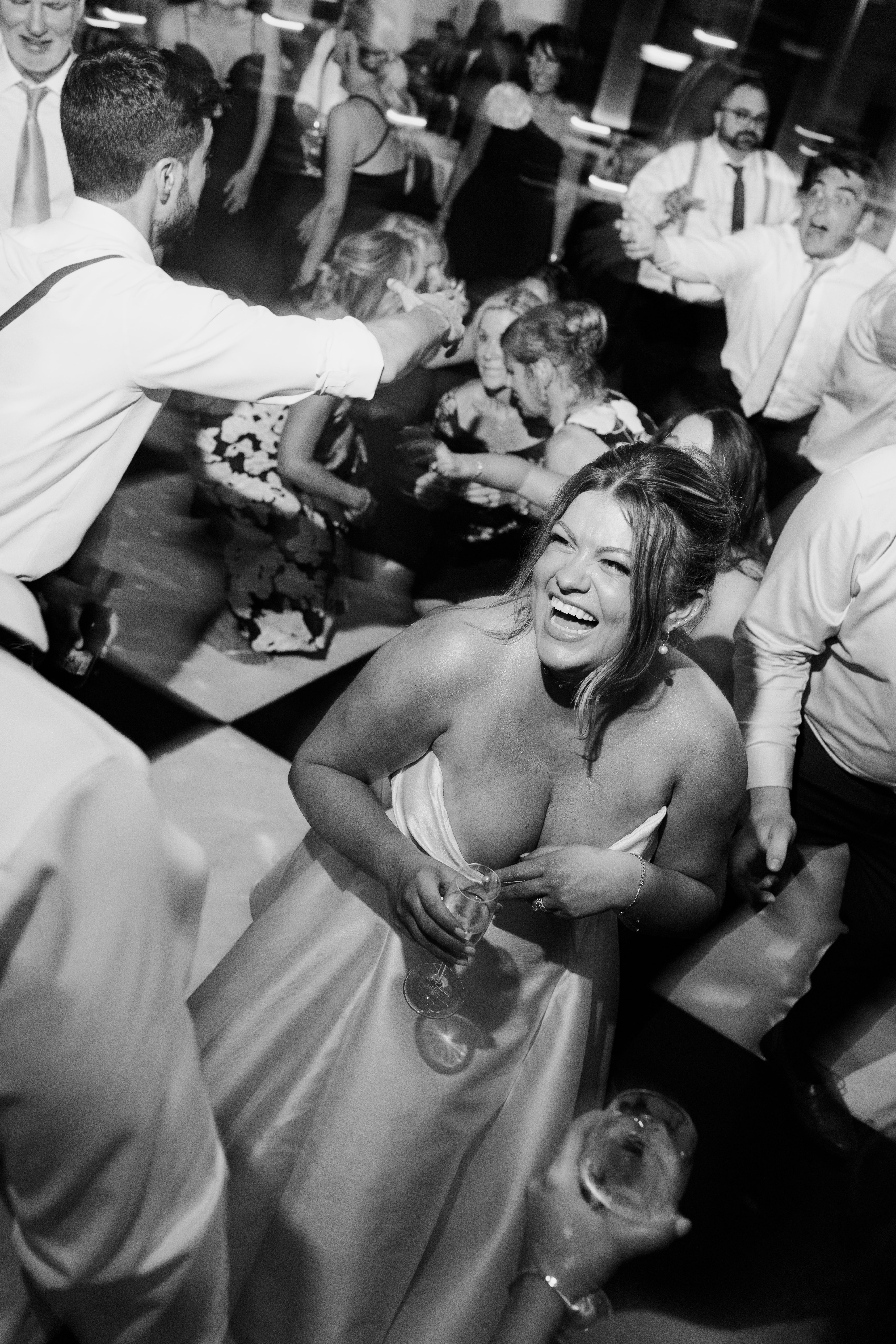 Checkered dance floor with disco ball overhead