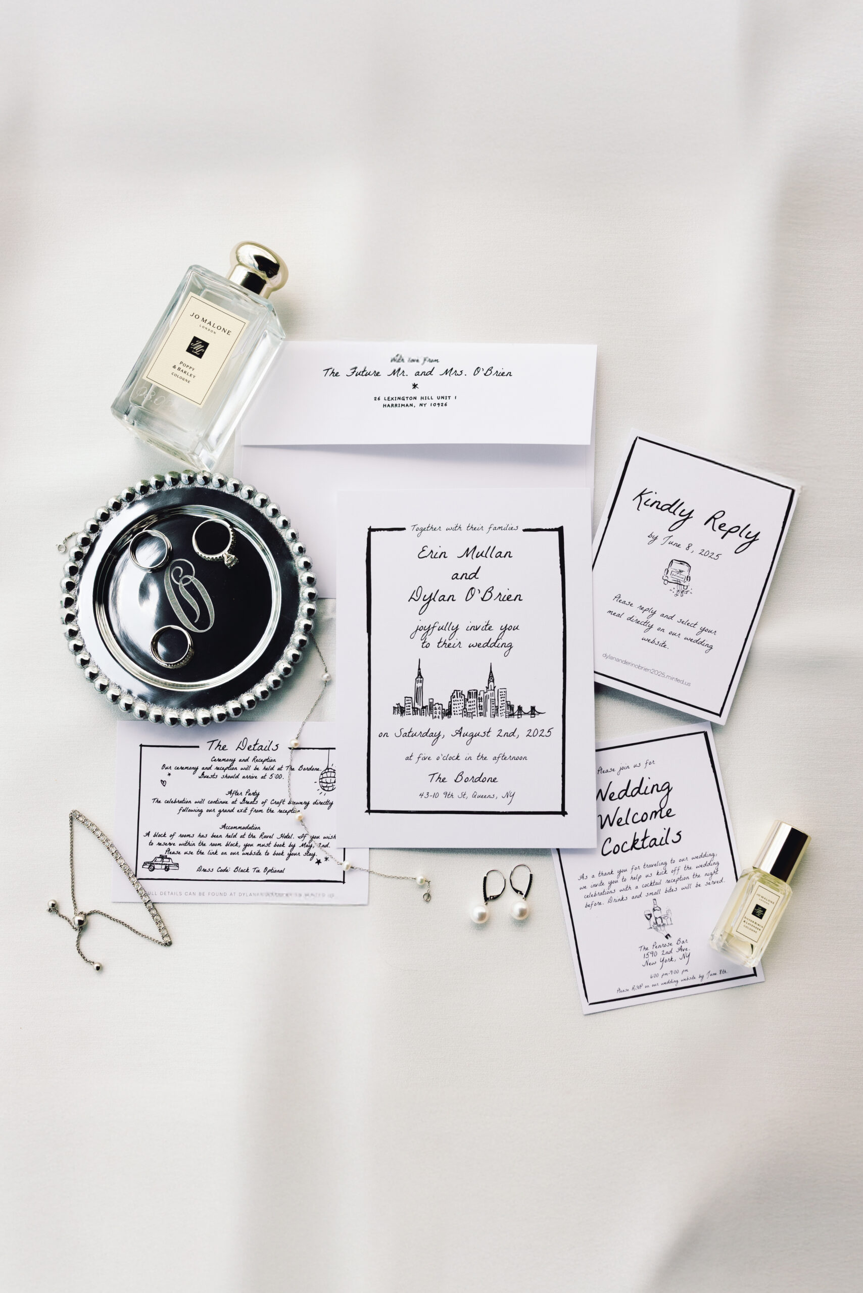 classic black and white wedding day details in New York City
