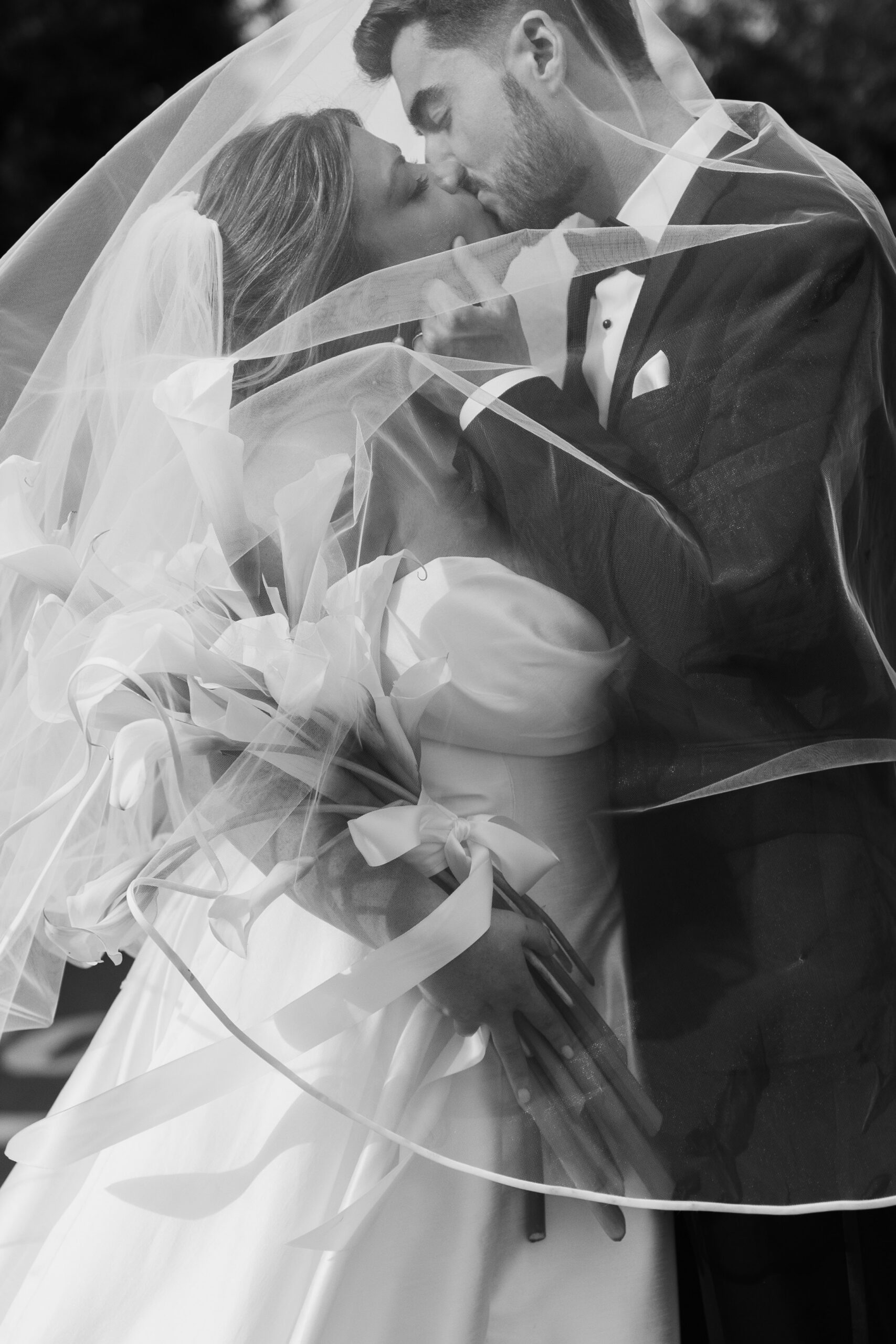 classic bride and groom dramatic veil photo