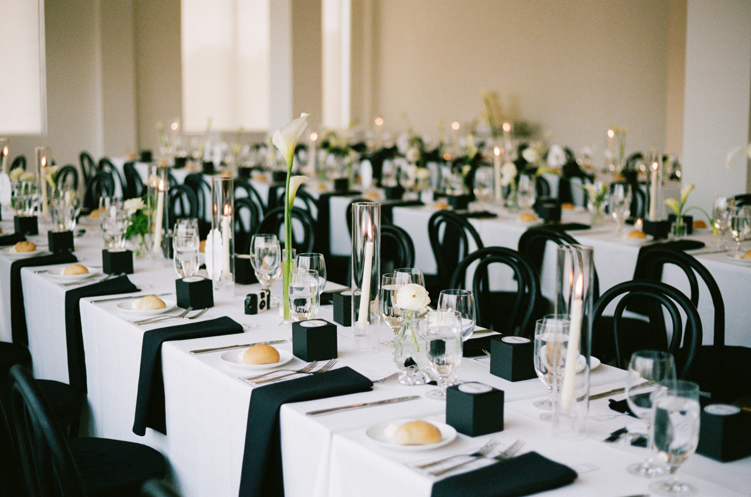 classic reception table details at The Bordone in Long Island City with panoramic Manhattan skyline views