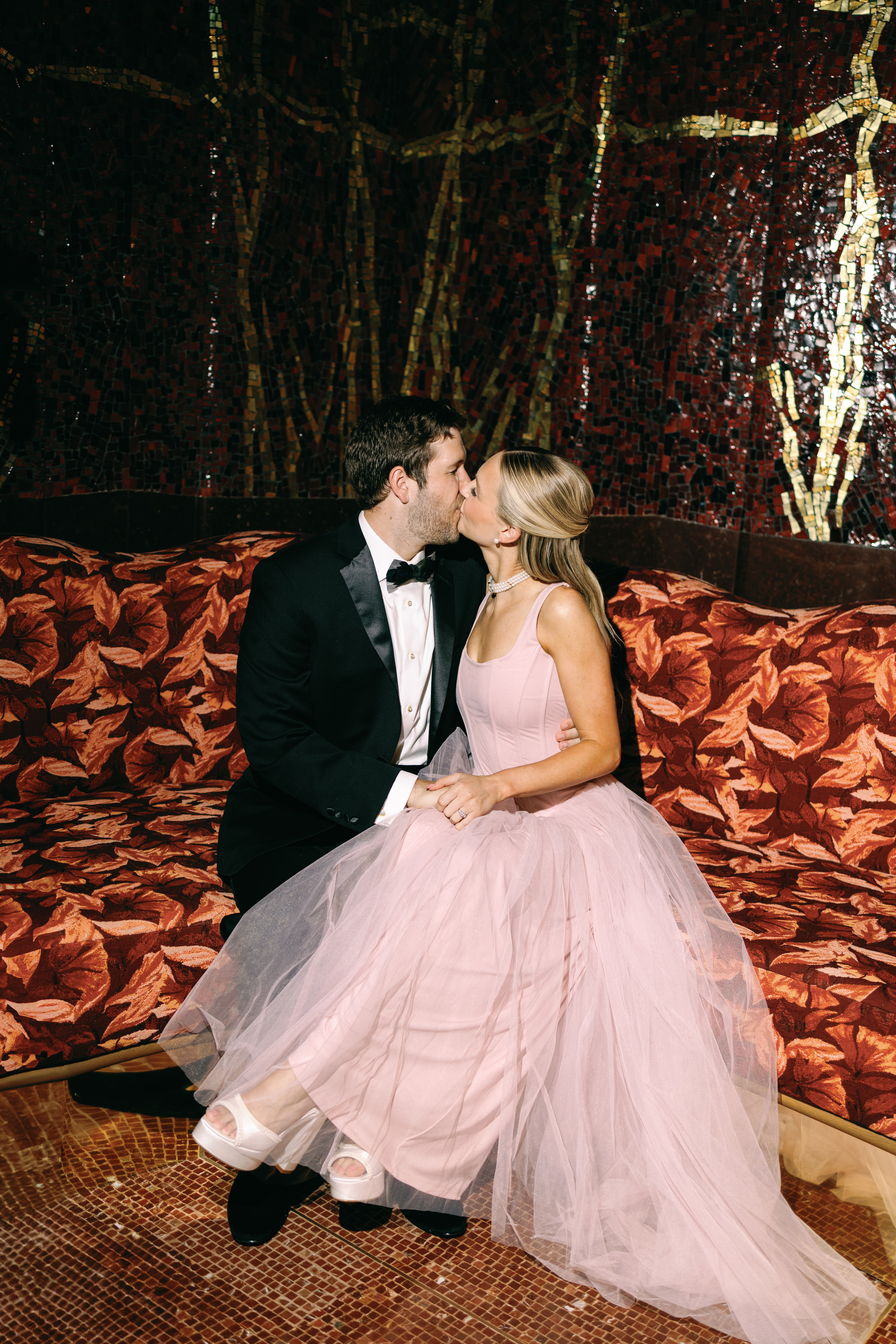 Bride-to-be in romantic engagement outfit inspired by La Vie en Rose theme