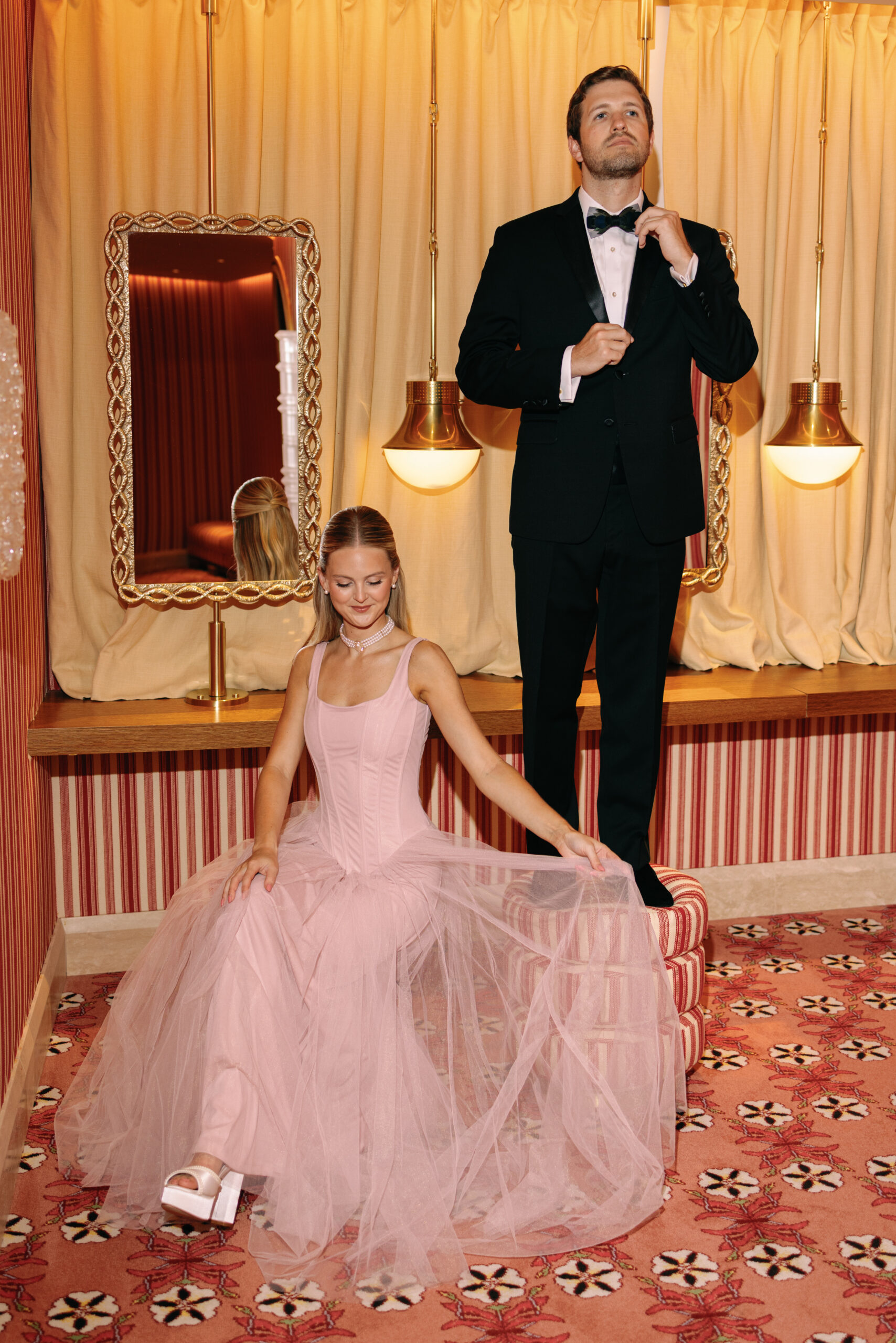 Bride-to-be in romantic engagement outfit inspired by La Vie en Rose theme