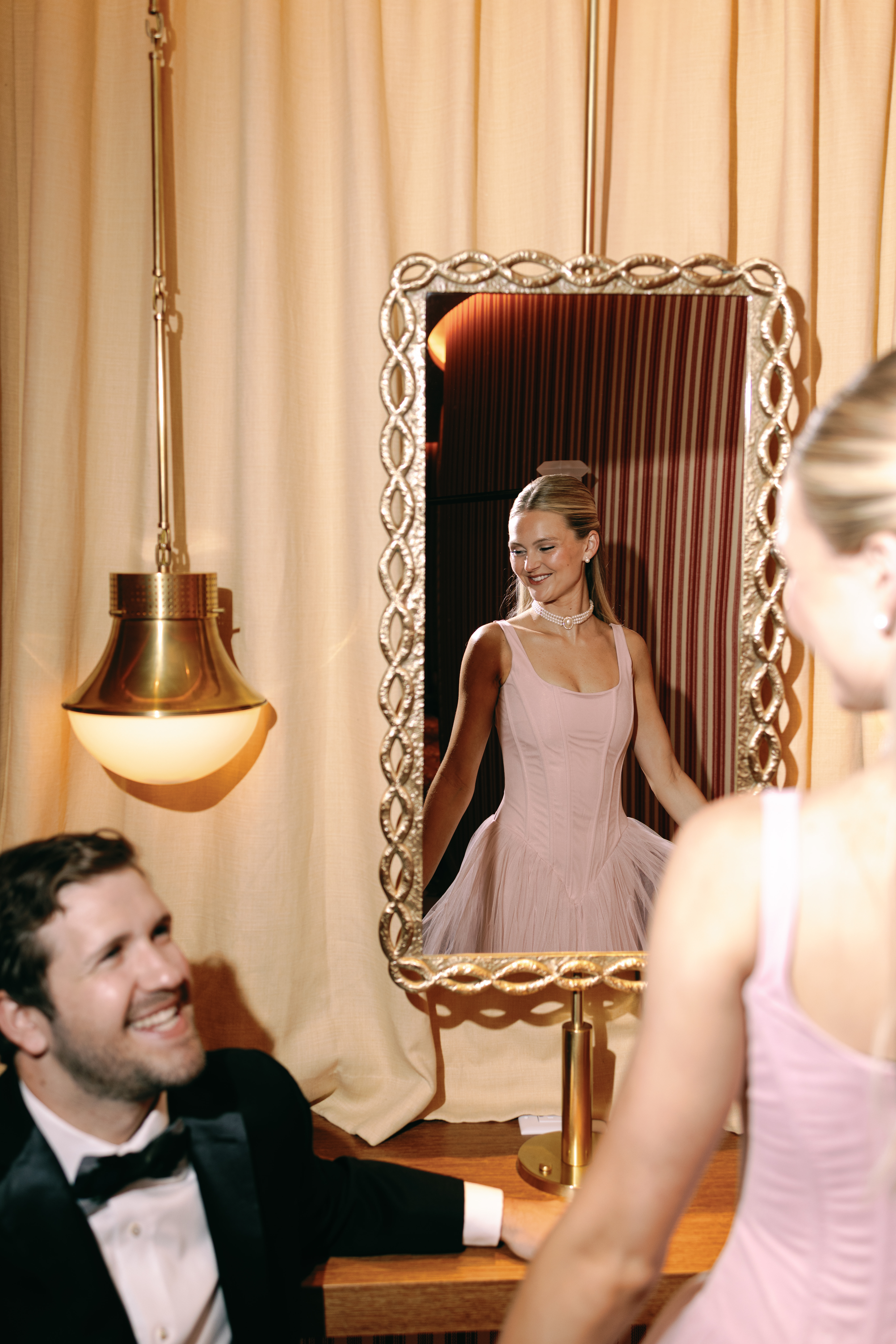 Bride-to-be in romantic engagement outfit inspired by La Vie en Rose theme